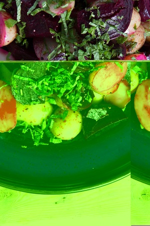 Healthy diet: colorful beetroot salad with potatoes and shredded rocket leaves.