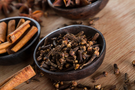 Spices series: a bowl full of cloves against a wooden background. Copy space. Cinnamon and star anise blurred in the background.
の写真素材