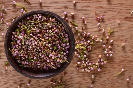 Closeup on dried heather hips: for decoration, alternative medicine, wedding confetti. Copy space.の写真素材