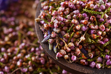 Closeup on dried heather hips: for decoration, alternative medicine, wedding confetti. Copy space.の写真素材
