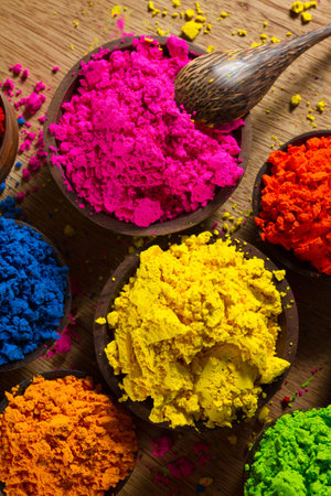Colorful, finely powdered Indian pigments. Main focus on magenta and yellow.の写真素材