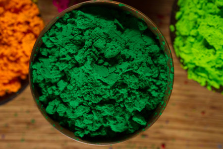 Colorful, finely powdered Indian pigments. Focus on green.の写真素材