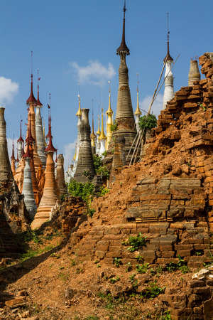 Beautiful ancient ruins at Inn Thein Paya, a large temple complex near Inle Lake in Shan State, Myanmar (Burma).の写真素材