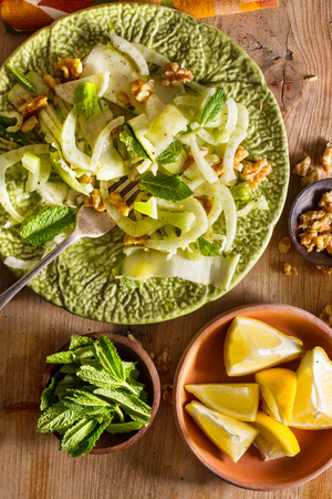Healthy eating: raw fennel salad with walnuts, raw courgettes, mint leaves and lemon juice. Zesty, fresh, summery and light food. Perfect for a diet.の写真素材