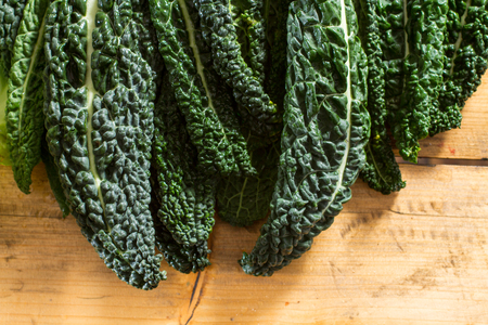 Fresh and dewy black cabbage leaves on a wooden background.の写真素材
