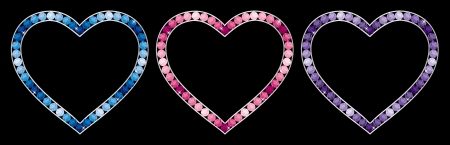 Sapphire, aquamarine, tourmaline, pink diamond, tanzanite and amythest encrusted hearts in vector format のイラスト素材