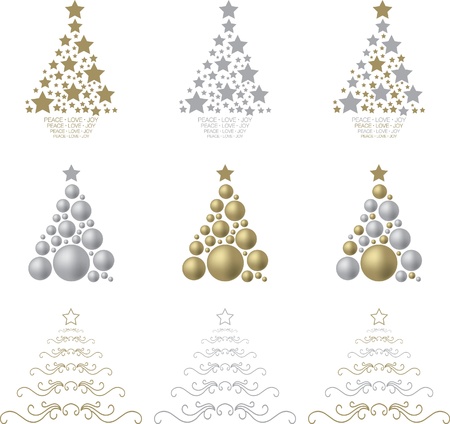 A selection of gold and silver stylised Christmas trees on a white background のイラスト素材