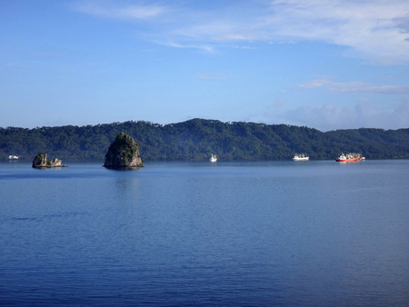 Scene of Simpson Harbour and Rabaul from a cruise ship.