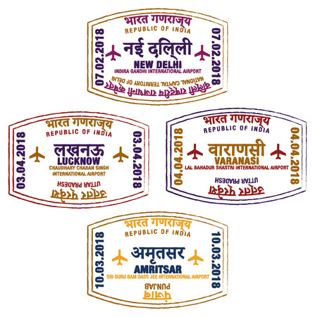 Set of stylized passport stamps for major airports of northern India in vector format.のイラスト素材