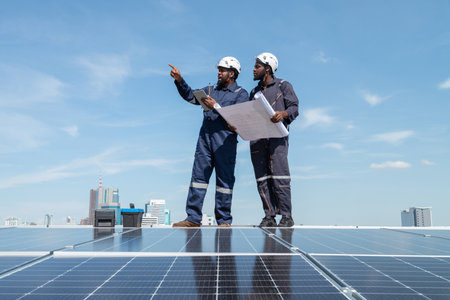 Engineers and technicians check drawings for installing solar cell panels on the roof. alternative...