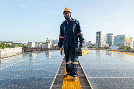 Engineers and technicians check drawings for installing solar cell panels on the roof. alternative energy energy from the sunの写真素材