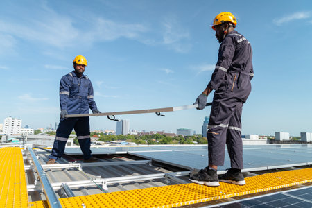 Engineers and technicians check drawings for installing solar cell panels on the roof. alternative...