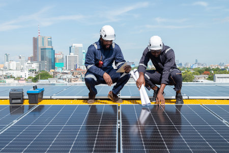 Engineers and technicians check drawings for installing solar cell panels on the roof. alternative...
