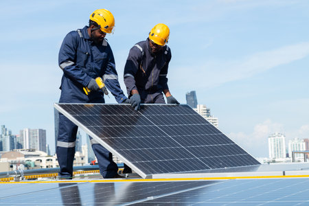 Engineers and technicians check drawings for installing solar cell panels on the roof. alternative energy energy from the sunの写真素材