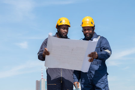 Engineers and technicians check drawings for installing solar cell panels on the roof. alternative energy energy from the sunの写真素材