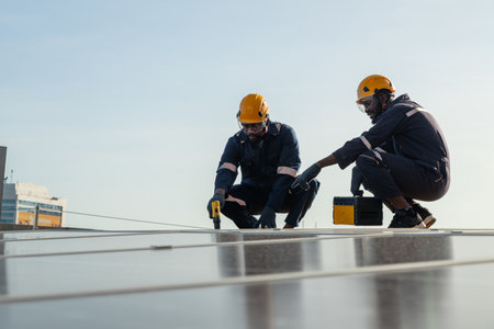 Engineers and technicians check drawings for installing solar cell panels on the roof. alternative energy energy from the sunの写真素材