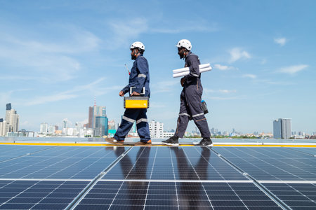 Engineers and technicians check drawings for installing solar cell panels on the roof. alternative energy energy from the sunの写真素材