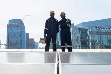 Engineers and technicians check drawings for installing solar cell panels on the roof. alternative energy energy from the sunの写真素材
