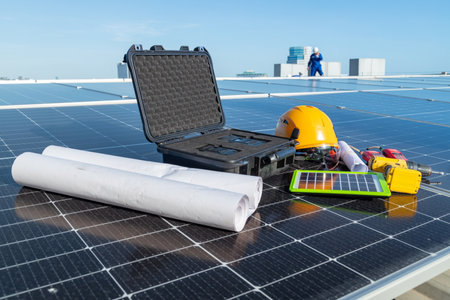 Engineers and technicians check drawings for installing solar cell panels on the roof. alternative...