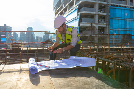 architect engineer designing a structure holding tablet, walkie talkie, drawing