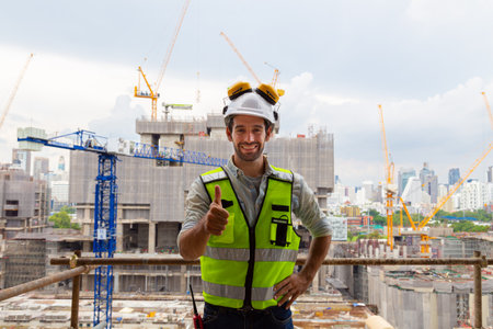 Portrait of an engineer designing a large project inspecting the job site to meet specifications.