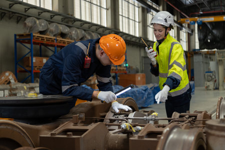 Two professional engineers check mechanical check undercarriage of lifted electric train and maintenance of public transport trains in Asiaのeditorial素材