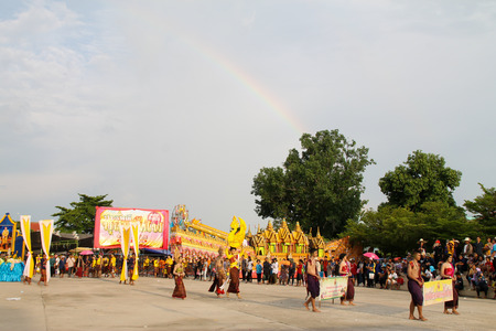 Rasisalai,Sisaket,THAILAND - MAY 31,2019 : Thai group performing Thai music and Thai dancing in ancient Rocket festival parade on May 31,2019 .This festival for agriculture to celebration the raining season.のeditorial素材