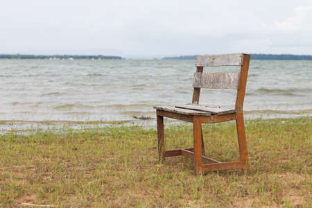 The empty wood bench near the lake in the park on a sunny day.の写真素材