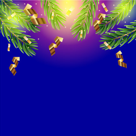 Christmas border. Holiday garland isolated on background. Christmas tree branches,and gold ribbon.のイラスト素材