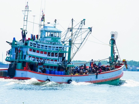 A common scene of a fishing boat,  Mouth of Tha Chin River, Gulf of Thailand の写真素材