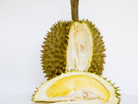Cut surface of a durian to show edible yellow flesh の写真素材