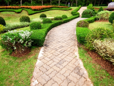 Garden decoration with footpath and ornamental plants                                                の写真素材