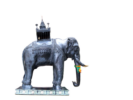 Elephant statue with a carved wooden howdahの写真素材