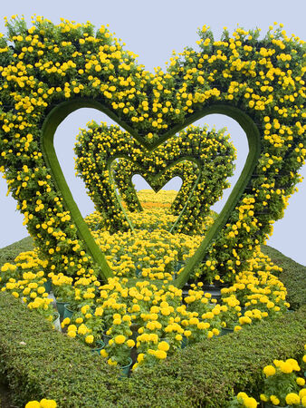 A perspective view of heart - shaped decoration of leaves and flowers の写真素材