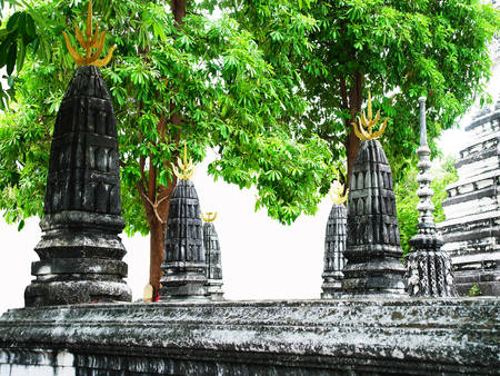 Prangs are buildings considered work of Khmer architecture with the belief of Hinduism. The top ends are metal molded 4 pointed blade with a spear.の写真素材