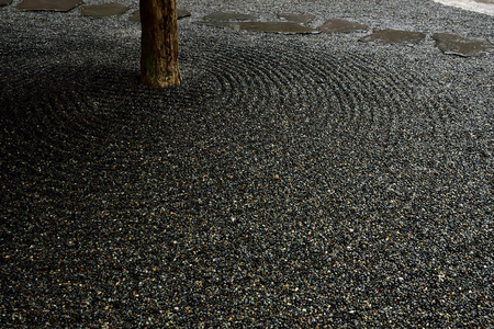 Raked gravel surrounding steppingstones and a tree trunk in a small Japanese garden.の写真素材