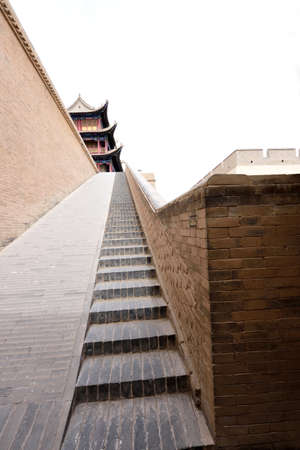 A staircase that leads to the guard tower of The Jiayuguan Forte.