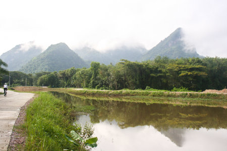 Scenery and morning fog in southern Thailandの写真素材