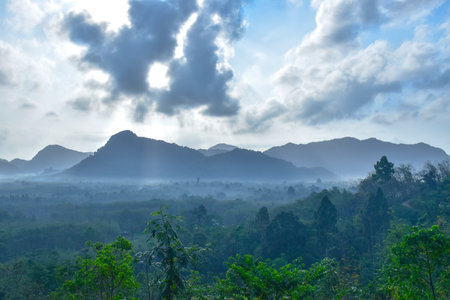 Scenery of the morning mist in the mountains of southern Thailand.の写真素材