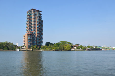 Evening view riverside hotel in Bangkok, Thailandの写真素材