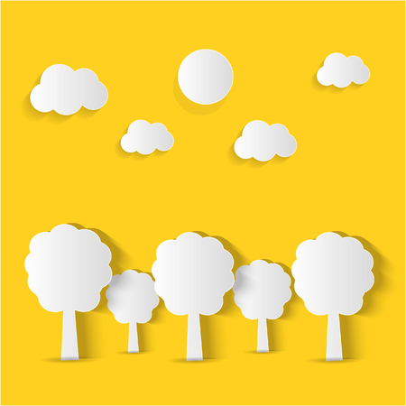 A minimalist landscape public park on the hill with tree,sun,cloud landscape background , paper art style vector illustration.のイラスト素材