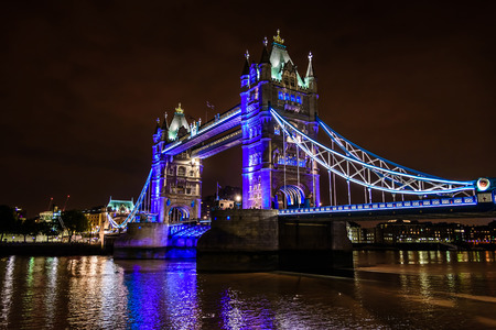 view of Tower Bridge over the River Thames at night, London, UK, Englandの写真素材
