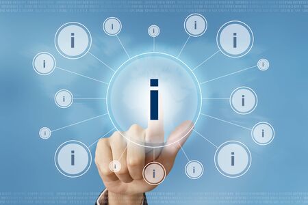 business hand pushing information button with global networking conceptの写真素材