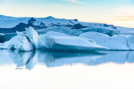 Beautiful view of icebergs in Jokulsarlon glacier lagoon, Iceland;  selective focus
