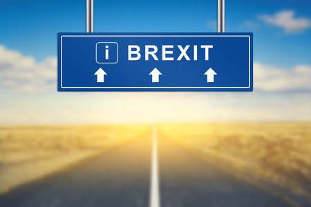 Brexit or British exit words on blue road sign with blurred backgroundの写真素材