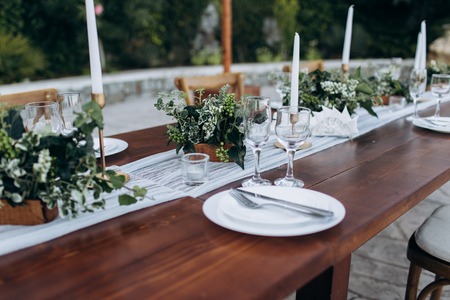 Eco-friendly, wedding decor. Wooden table newlyweds for a party.