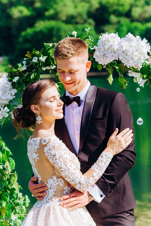 Bride and groom in wedding clothes.の写真素材
