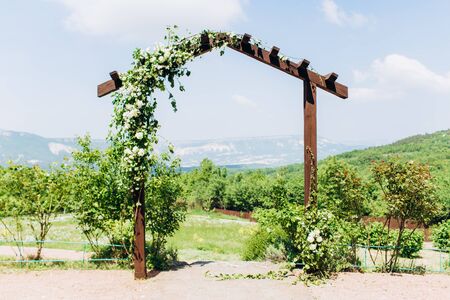 Platform for an exit ceremony wedding in the mountainsの写真素材