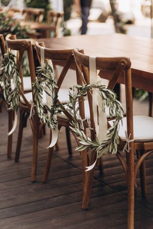 Boho wedding chair with eco decor for guests.の写真素材