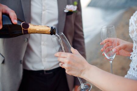 Happy newlywed couple. Beautiful bride and groom in a suit with champagne on a background of mountains.の写真素材